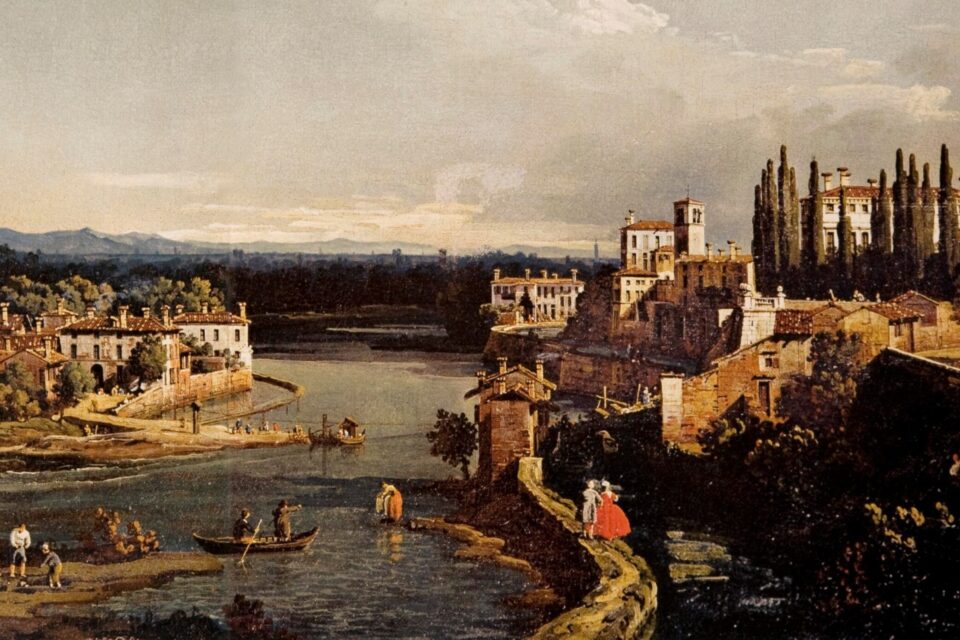 Dipinto storico del fiume Adda con casa del Custode delle Acque, Vaprio d'Adda.